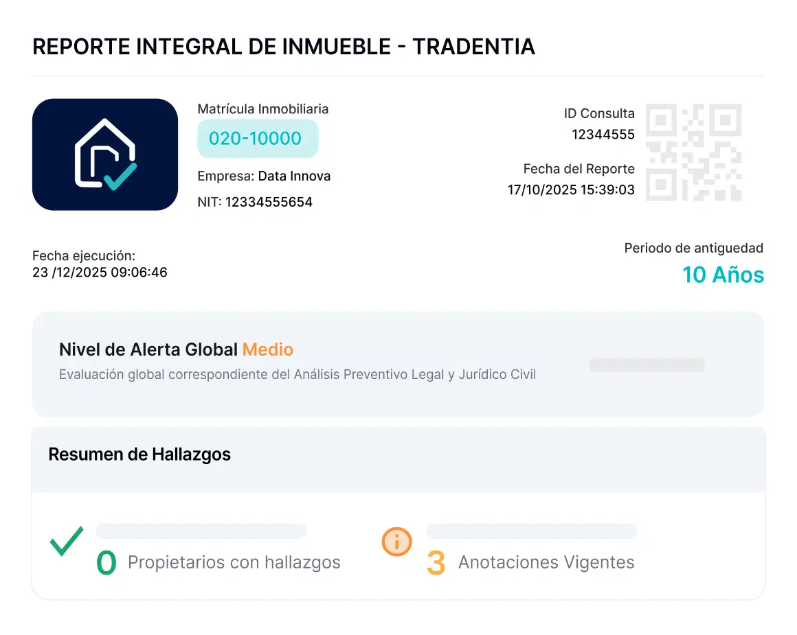 Reporte integral de inmueble de TradentIA con nivel de alerta global y resumen de hallazgos
